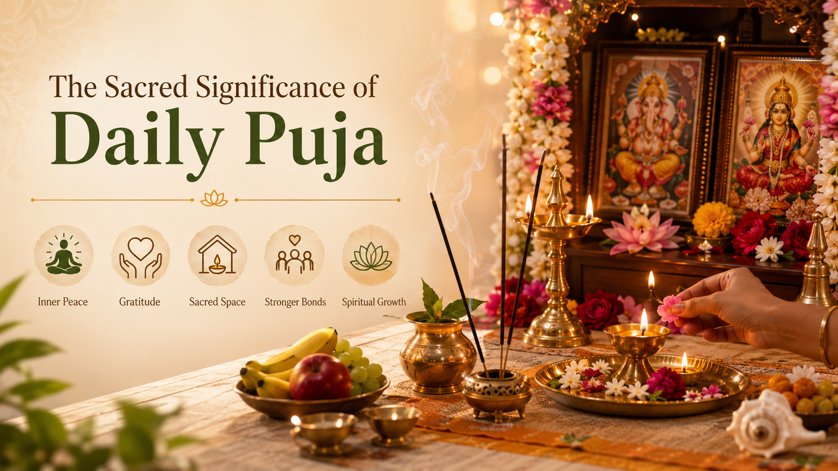 Daily puja ritual with fresh flowers and diya