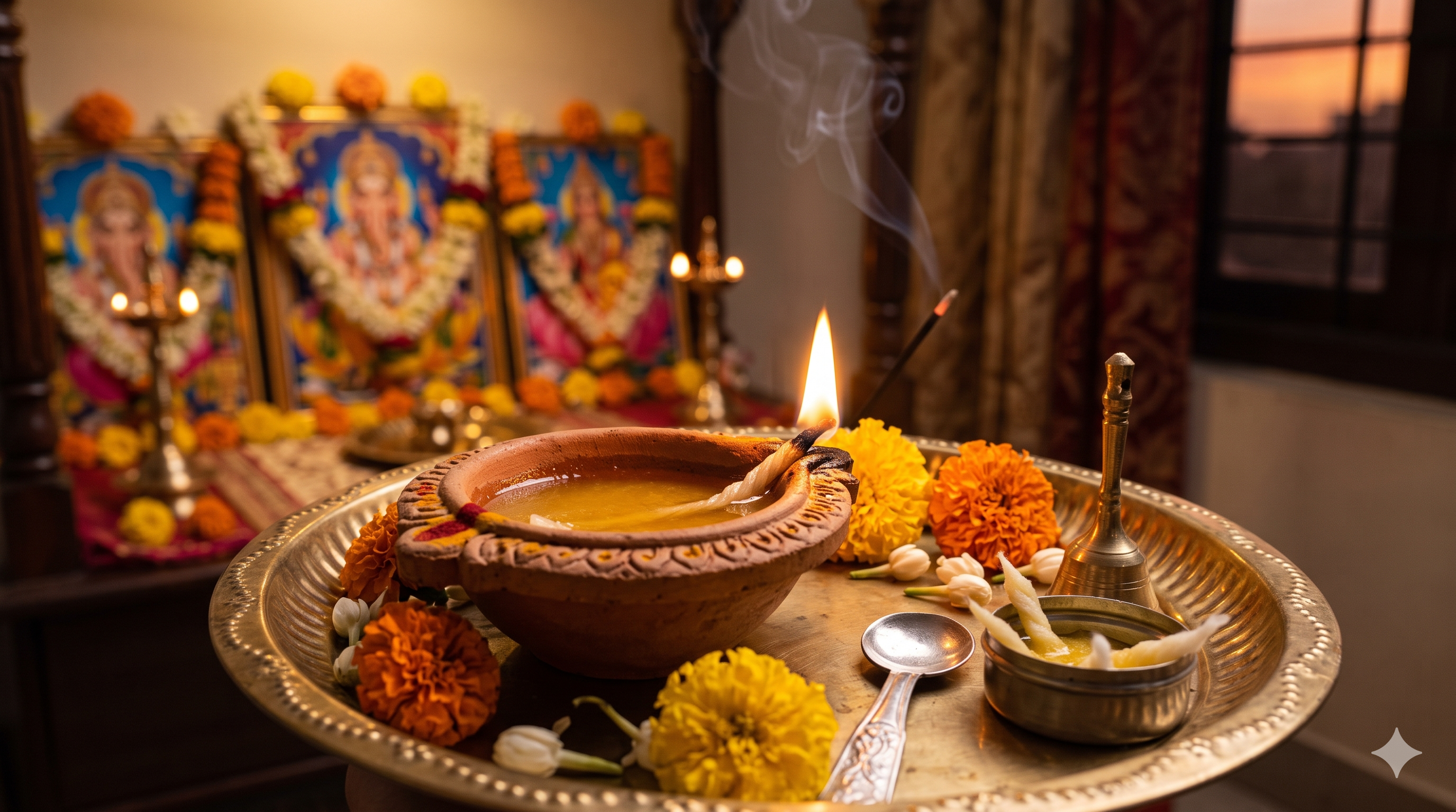 A beautifully lit clay diya during evening prayers