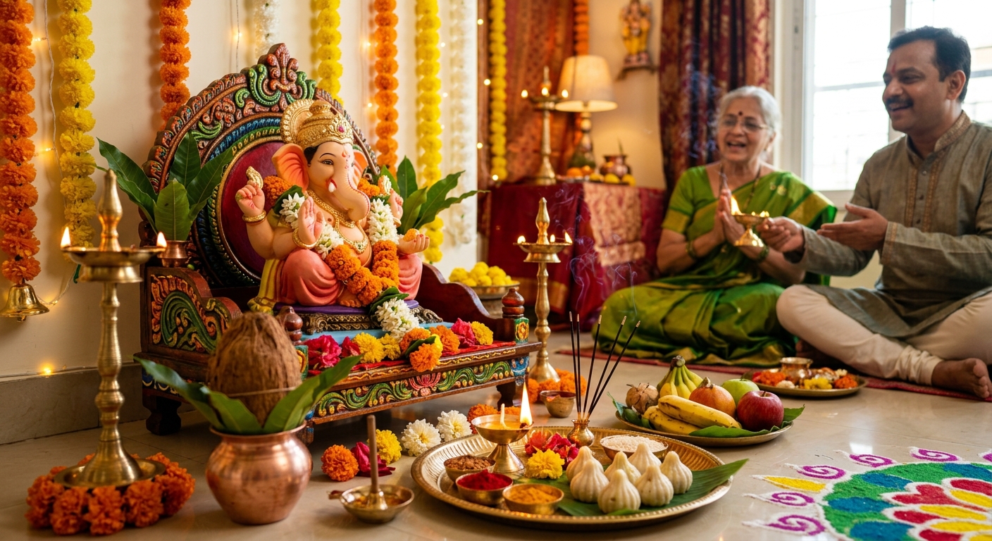 Lord Ganesha idol decorated with fresh flowers, modak, and diyas for Ganesh Chaturthi